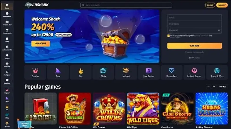 Startseite des Winshark Casinos