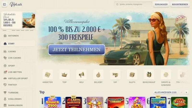 Startseite des Vipluck Casinos